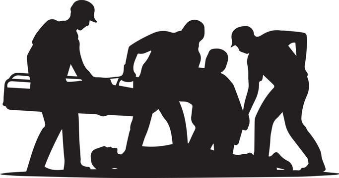 Black silhouette of paramedic team carrying patient on stretcher in emergency medical situation isolated on transparent background, Vector, illustration