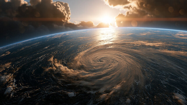 A dramatic view of Earth from space, showcasing a powerful hurricane swirling over the ocean under a sky filled with dramatic clouds and a setting sun. AI generative