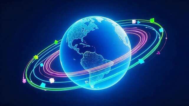Glowing globe with orbiting lines