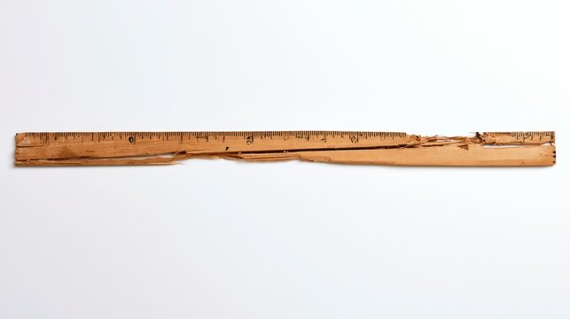 Old broken wooden ruler with splintered edges isolated on white background