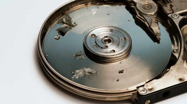 Damaged Hard Disk Drive with Debris on Platter Representing Data Loss and Hardware Failure