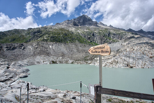 Trail sign at the source of the Rhone, Furka Pass