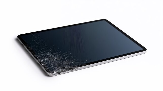 Broken Tablet Screen with Cracked and Shattered Display Glass Isolated on White Background