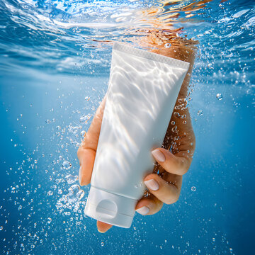 Hand Holding Blank Cream Tube Underwater Mockup, Men Facewash Skincare Product Splash Blue Water