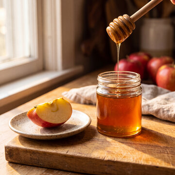 Golden honey dripping from wooden dipper into glass jar with red apple for Rosh Hashanah