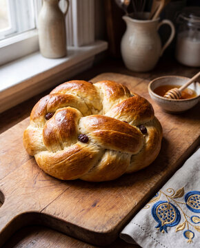 Round braided raisin challah bread on wooden board with honey bowl for Rosh Hashanah