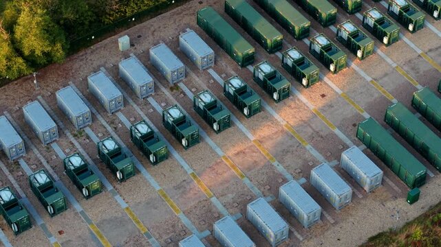 Close up aerial view of green battery energy storage systems BESS for UK grid resilience