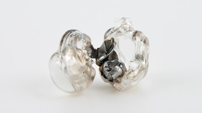 Macro view of a broken and damaged clear acrylic hearing aid earmold shell on a white background
