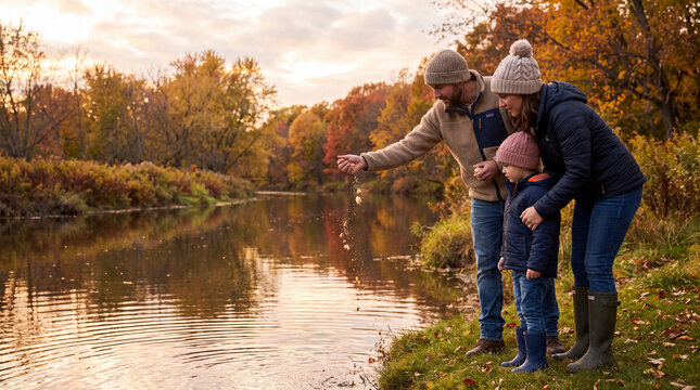 Family performing tashlich by autumn river casting crumbs into water at sunset