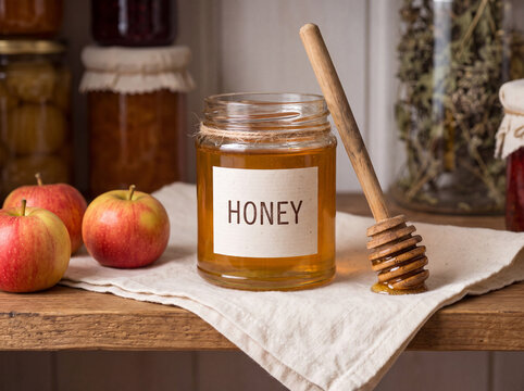 Glass honey jar labeled HONEY with wooden dipper and red apples on pantry shelf