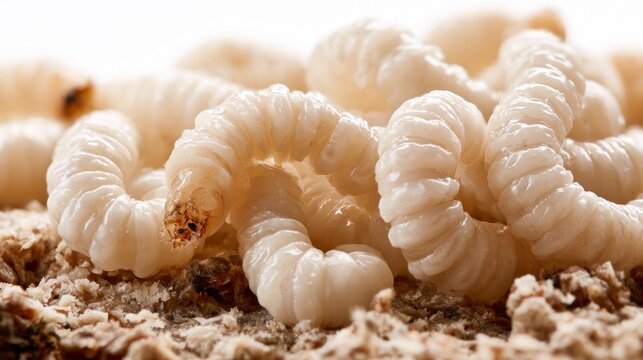 Close-up macro of white beetle larvae or grubs crawling on textured organic matter, representing a pest infestation or natural decay