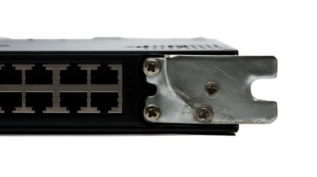Close-up View of Ethernet Ports on a Network Switch with Mounting Bracket