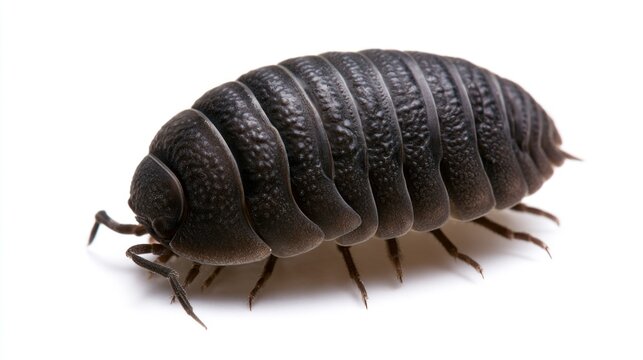 Macro shot of a pill bug or roly-poly isolated on a white background