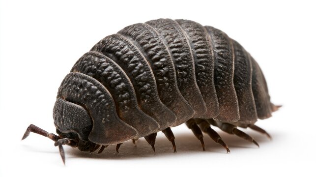 Common woodlouse (Armadillidium vulgare) also known as a pill bug or roly-poly, isolated on a white background