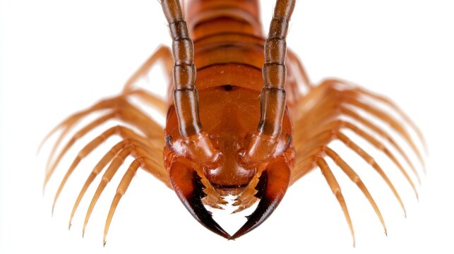 Extreme macro close-up of a centipede head with large pincers isolated on a white background