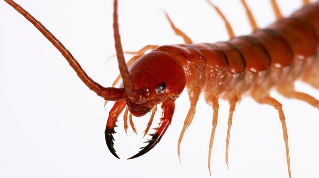 Extreme macro close-up of a centipede head with sharp mandibles and long antennae isolated on a white background