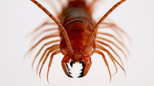 Macro Close-up Portrait of a Centipede's Head and Mandibles Isolated on White Background
