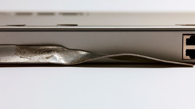 Close-up of a severely damaged and bent laptop casing showing physical impact