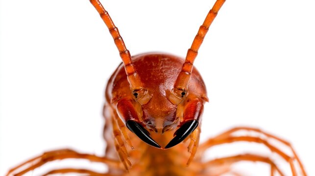 Extreme macro close-up of a centipede head with mandibles and antennae isolated on white background