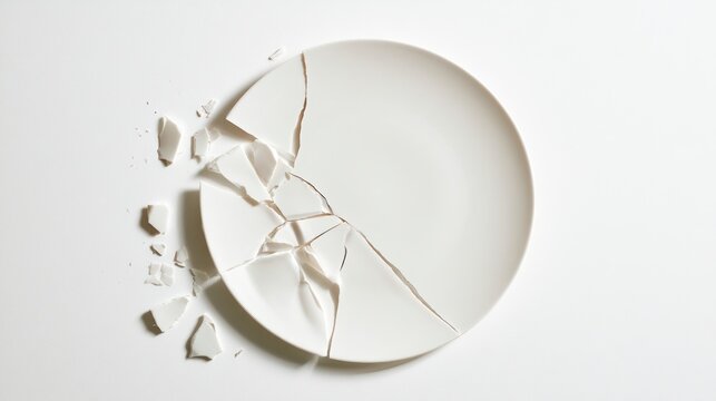 Broken white ceramic plate shattered into pieces on white background