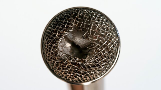 Close-up of a damaged and crushed microphone grille with a hole in the metal mesh