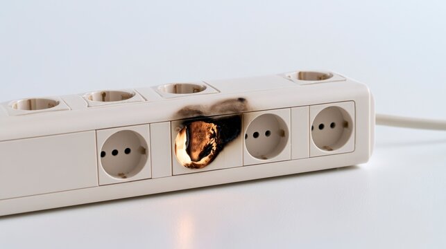 Burnt and melted electrical power strip with char marks, highlighting house fire hazard and faulty electrical equipment.