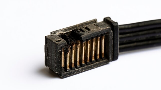 Close-up of a burnt and melted SATA power connector on a white background, symbolizing computer hardware failure and electrical fire hazard.