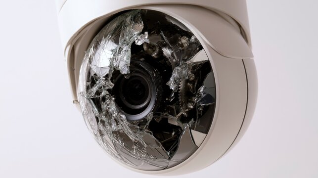 Broken Security Camera with Shattered Glass Dome Isolated on White Background