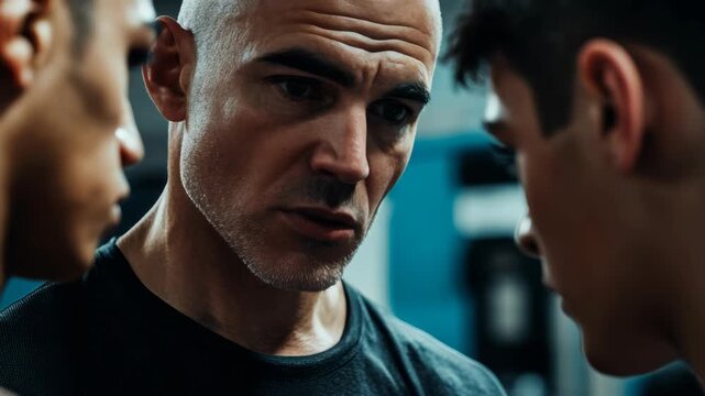 Portrait of an actor speaking with intensity amidst workout equipment