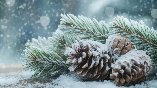 A close-up of two pine cones dusted with snow, creating a festive atmosphere.