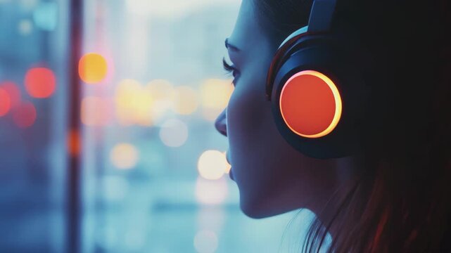 A young woman wearing headphones and looking out of the window at nighttime city lights. She is deeply engrossed in her music or video game, oblivious to her surroundings.