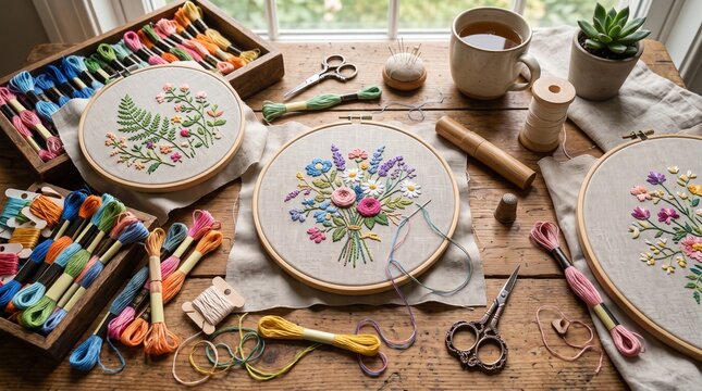 Embroidery craft setup with colorful threads hoops and floral designs on wooden table
