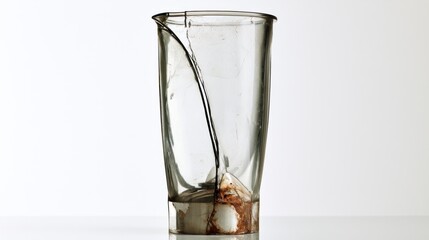 Obraz premium Vintage cracked glass beaker with large vertical fracture and brown stains isolated on a white background