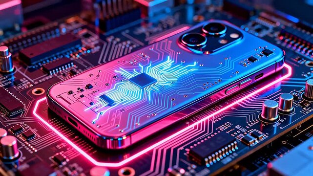 Smartphone on circuit board with neon lights