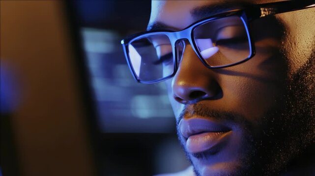 Stylish young male figure in eyeglasses with closed eyes, pixelated graphic style for tech or gaming themes.