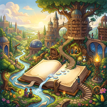 Fantasy landscape with ancient temple and magical creatures.