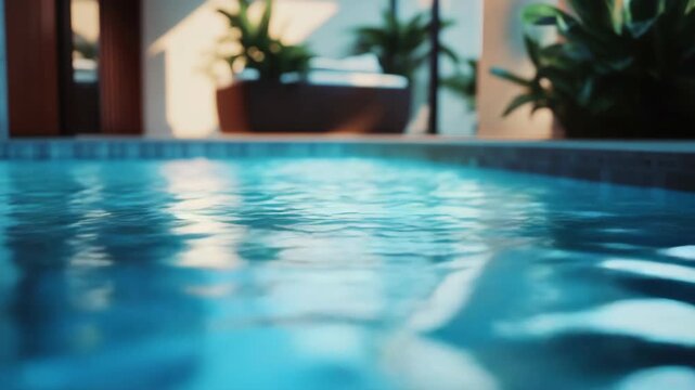 A peaceful scene of an indoor swimming pool with ripples on the water's surface.