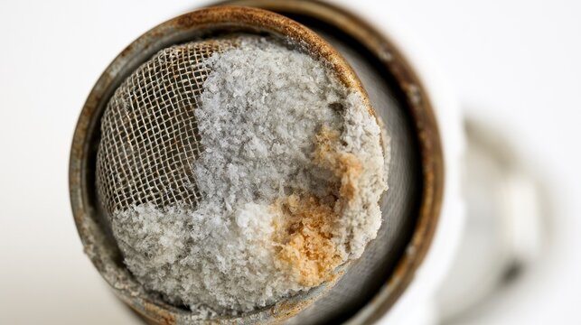 Close-up of a heavily clogged faucet aerator with mineral deposits and limescale buildup