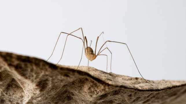 Macro Shot of a Harvestman (Daddy Longlegs) Crawling on a Textured Surface Against a White Background