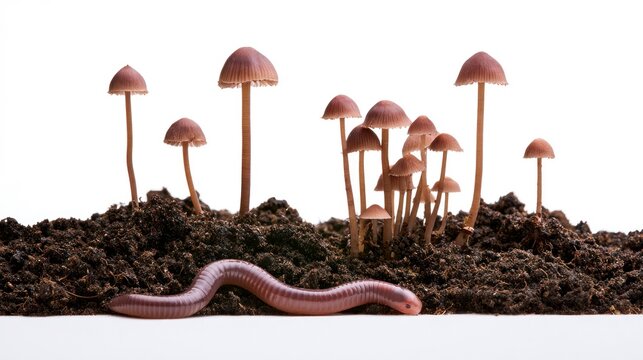 Earthworm crawling on organic soil with a group of small brown mushrooms isolated on white background