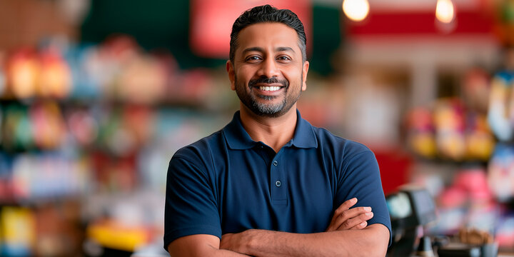 Friendly indian adult male cashier smiling at the camera while working at a checkout counter. Portrait of a small business owner in his local grocery store or supermarket 