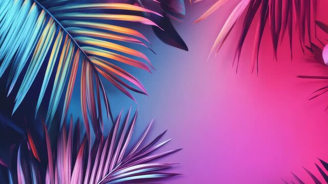 A vibrant tropical scene with palm leaves set against a pink and blue gradient background.
