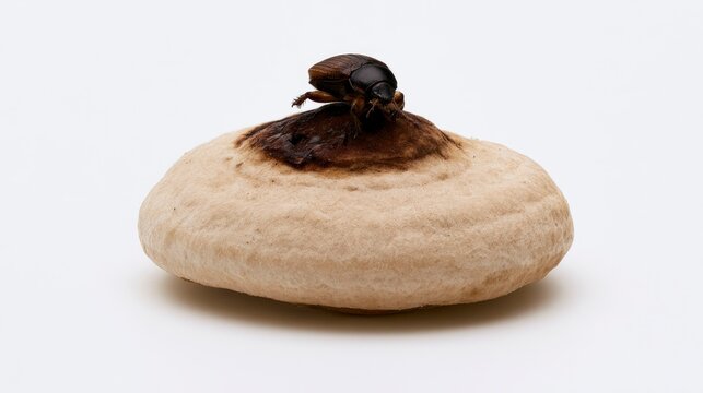 Brown beetle sitting on top of a polypore mushroom isolated on a white background