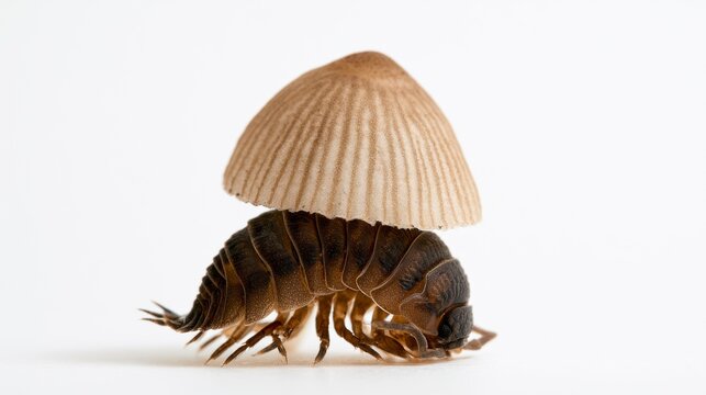 Macro Shot of a Woodlouse Wearing a Small Mushroom Cap as a Hat on a White Background