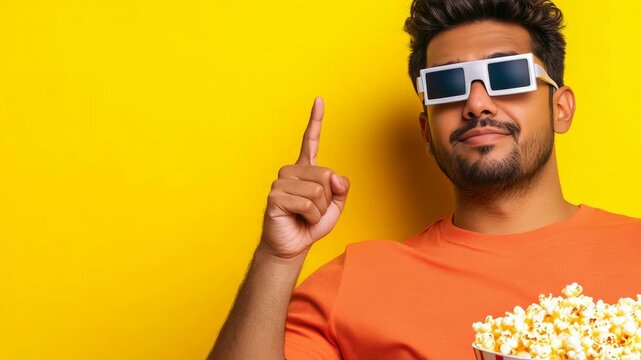 A man with a beard is holding up his index finger while wearing round reflective sunglasses. He is smiling and has an orange shirt on. The background is yellow.