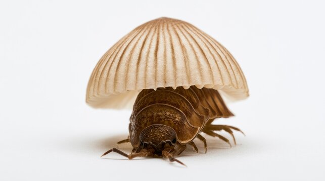 Macro shot of a woodlouse carrying a mushroom cap on its back like a shell, isolated on white background