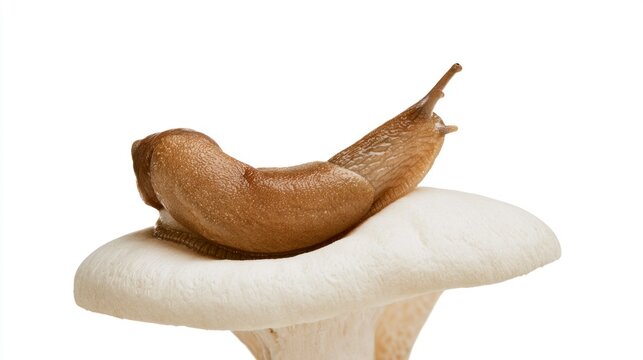 Brown slug crawling on a white mushroom cap isolated on white background