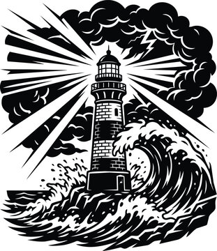 Dramatic Black and White Lighthouse Scene with Stormy Waves and Lightning.