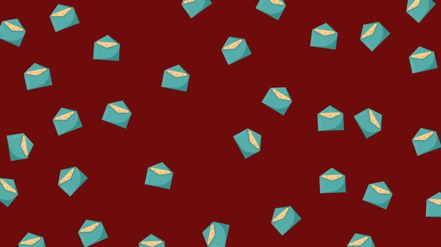 Valentine Love Letter Pattern with Scattered Teal Envelopes and Cards on Dark Burgundy Background