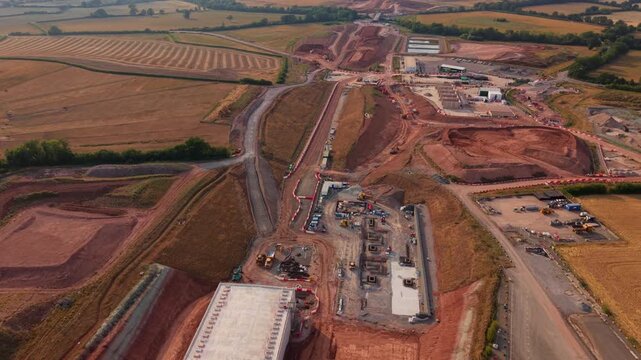 Aerial View of HS2 High Speed Rail Construction Major Earthworks and Groundworks Near Coventry